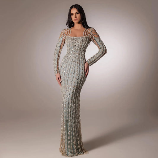 CELESTE - Abito sera sirena Dubai verde salvia maniche lunghe