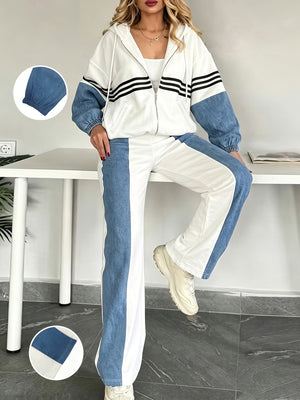 Taglie Forti - Set 2 Pezzi Primaverile/Autunnale Taglie Forti da Donna con Cappuccio, Patchwork Color-Block - Giacca Decorativa a Righe con Zip e Pantaloni Lunghi Dritti Color-Blocked, Tuta Felpa Casu — foto 2