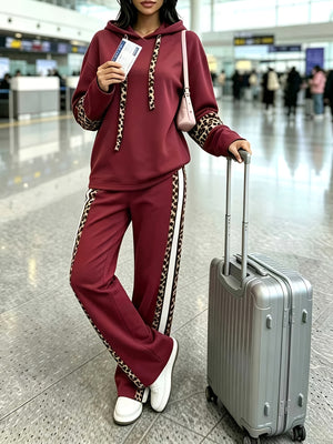 Set Estivo da Donna 2026, Nuovo Completo a Maniche Lunghe, Elementi Patchwork Leopardati alla Moda, Cappuccio con Coulisse, Pantaloni Lunghi Color-Block, Set 2 Pezzi, Mochi Delicati e Morbidi Opachi, — foto 2
