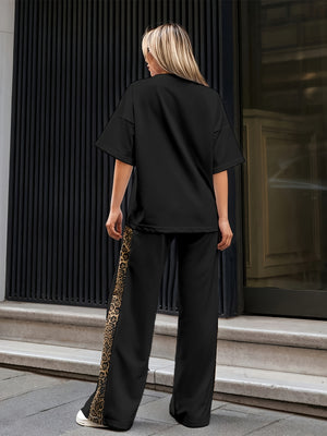 Set da 2 pezzi da donna per il weekend, comodo e casual, con stampa leopardata, lavabile a mano, t-shirt a maniche corte con pantaloni lunghi — foto 2