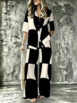 Set da 2 pezzi casual da donna, con risvolto + gamba ampia, stile vacanza, stampa a scacchi bianchi e neri, moda quotidiana versatile, adatto per primavera ed estate per un abbigliamento casual e como — foto 2