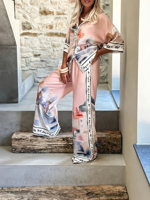 Primavera/Estate Nuovo Stile Elegante Moda Donna Camicia a Maniche Lunghe Stampa e Pantaloni a Gamba Larga Stampa Completo Due Pezzi, Outfit Comodo Stampa Urbana — foto 2