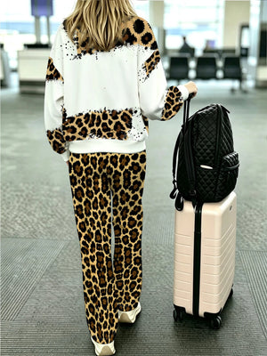 Completo da donna con giacca e pantaloni casual alla moda in stile nuovo europeo e americano, con design stampato – non testurizzato, per primavera/autunno, con patchwork a stampa leopardata, schizzi — foto 2