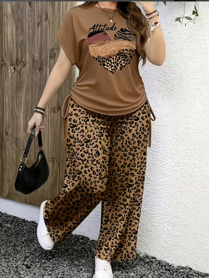 Set casual a maniche lunghe con stampa leopardata e coulisse laterale, plissettato, ideale per la casa, può essere indossato separatamente — foto 2