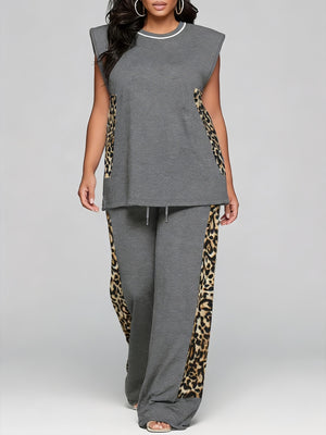 Completo due pezzi da donna in stile casual per festival musicali, matrimoni e vacanze: pantaloni senza maniche con stampa leopardata grigia patchwork, abbinato con top senza maniche - Border Europeo — foto 2