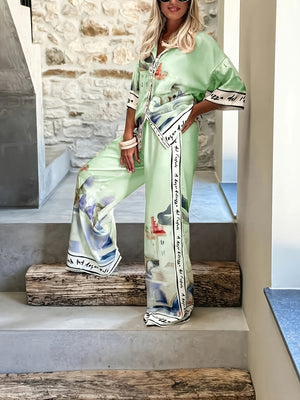 Primavera/Estate Nuovo Stile Elegante Moda Donna Camicia a Maniche Lunghe Stampa e Pantaloni a Gamba Larga Stampa Completo Due Pezzi, Outfit Comodo Stampa Urbana — foto 3