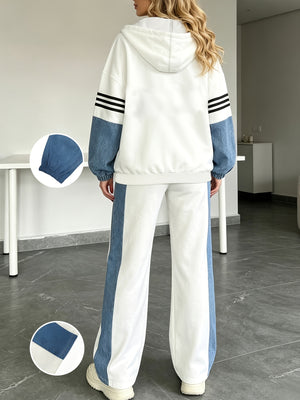 Taglie Forti - Set 2 Pezzi Primaverile/Autunnale Taglie Forti da Donna con Cappuccio, Patchwork Color-Block - Giacca Decorativa a Righe con Zip e Pantaloni Lunghi Dritti Color-Blocked, Tuta Felpa Casu — foto 3