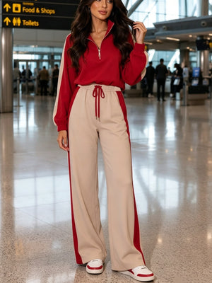 Completo da donna color block due pezzi, felpa con mezza zip e pantaloni a gamba larga, outfit casual da viaggio da donna — foto 3