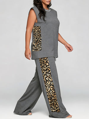 Completo due pezzi da donna in stile casual per festival musicali, matrimoni e vacanze: pantaloni senza maniche con stampa leopardata grigia patchwork, abbinato con top senza maniche - Border Europeo — foto 3