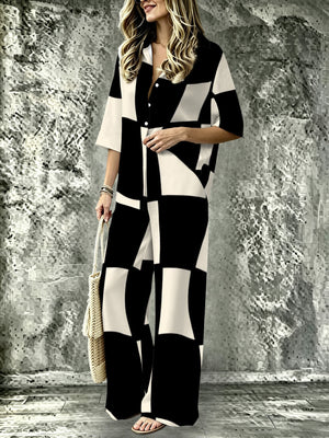 Set da 2 pezzi casual da donna, con risvolto + gamba ampia, stile vacanza, stampa a scacchi bianchi e neri, moda quotidiana versatile, adatto per primavera ed estate per un abbigliamento casual e como — foto 3