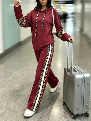 Set Estivo da Donna 2026, Nuovo Completo a Maniche Lunghe, Elementi Patchwork Leopardati alla Moda, Cappuccio con Coulisse, Pantaloni Lunghi Color-Block, Set 2 Pezzi, Mochi Delicati e Morbidi Opachi, — foto 4