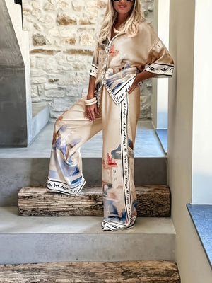 Primavera/Estate Nuovo Stile Elegante Moda Donna Camicia a Maniche Lunghe Stampa e Pantaloni a Gamba Larga Stampa Completo Due Pezzi, Outfit Comodo Stampa Urbana — foto 4