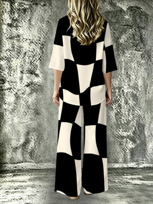 Set da 2 pezzi casual da donna, con risvolto + gamba ampia, stile vacanza, stampa a scacchi bianchi e neri, moda quotidiana versatile, adatto per primavera ed estate per un abbigliamento casual e como — foto 4
