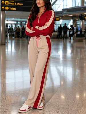 Completo da donna color block due pezzi, felpa con mezza zip e pantaloni a gamba larga, outfit casual da viaggio da donna — foto 4