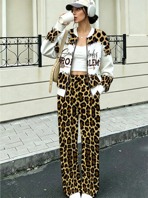 Completo da donna con giacca e pantaloni casual alla moda in stile nuovo europeo e americano, con design stampato – non testurizzato, per primavera/autunno, con patchwork a stampa leopardata, schizzi — foto 4