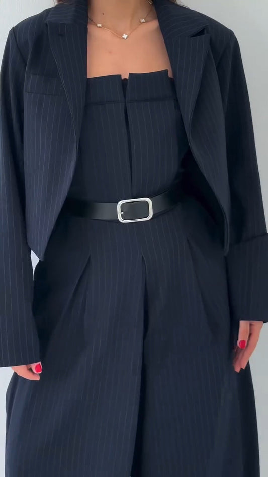 RENZA - Completo blazer 3 pezzi blu navy e pantaloni wide-leg