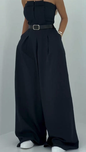 RENZA - Completo blazer 3 pezzi blu navy e pantaloni wide-leg