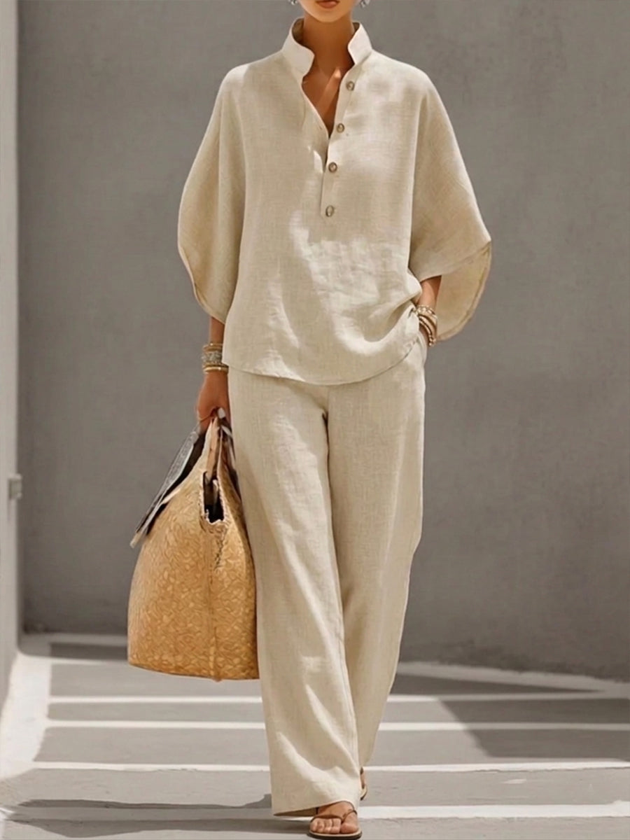 GRAZIANA - Completo in cotone e lino, maniche ampie e pantalone palazzo