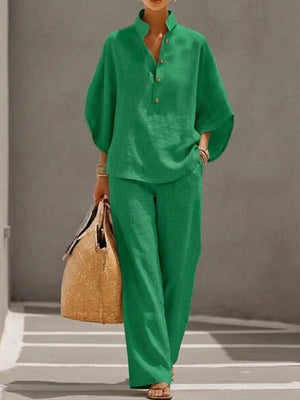 GRAZIANA - Completo in cotone e lino, maniche ampie e pantalone palazzo