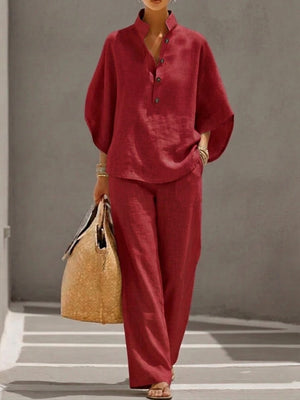 GRAZIANA - Completo in cotone e lino, maniche ampie e pantalone palazzo