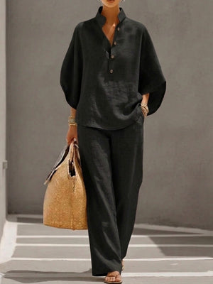 GRAZIANA - Completo in cotone e lino, maniche ampie e pantalone palazzo