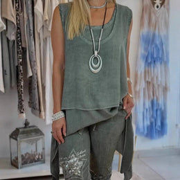 LUDOVICA - Completo donna due pezzi con top smanicato e pantaloni stampati
