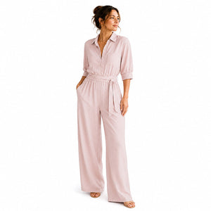 GIULIA - Tuta camicia beige con pantaloni ampi e cintura