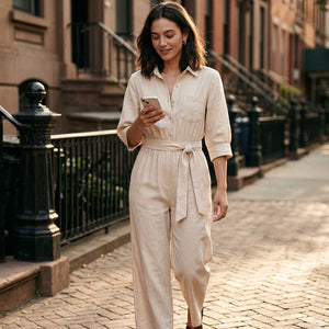 GIULIA - Tuta camicia beige con pantaloni ampi e cintura