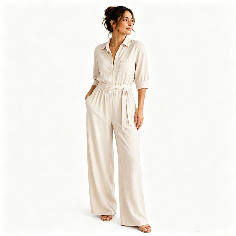 GIULIA - Tuta camicia beige con pantaloni ampi e cintura