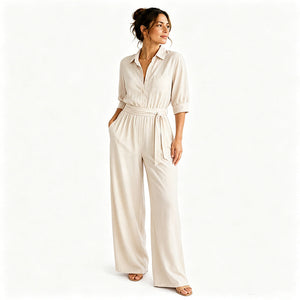 GIULIA - Tuta camicia beige con pantaloni ampi e cintura