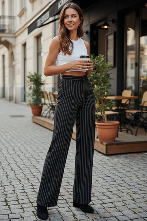 COPPELIA - Pantaloni donna vita alta righe verticali wide leg
