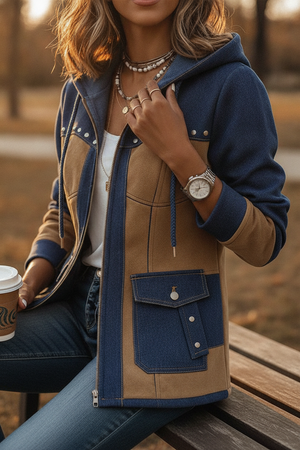GINEVRA - Giacca in Pelle Scamosciata Patchwork con Cappuccio