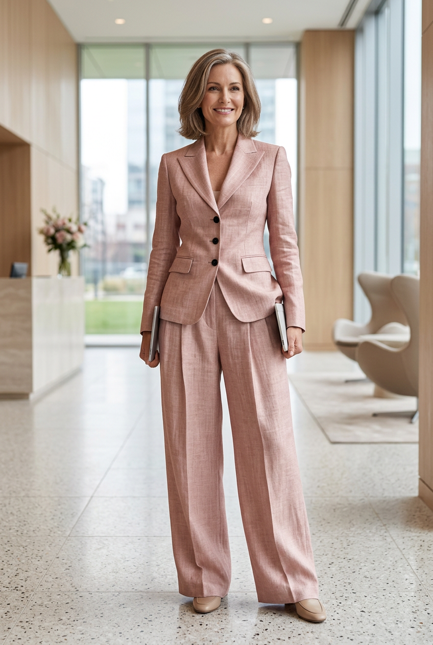 LUDOVICA - Completo elegante da lavoro in rosa, beige, grigio e caffè